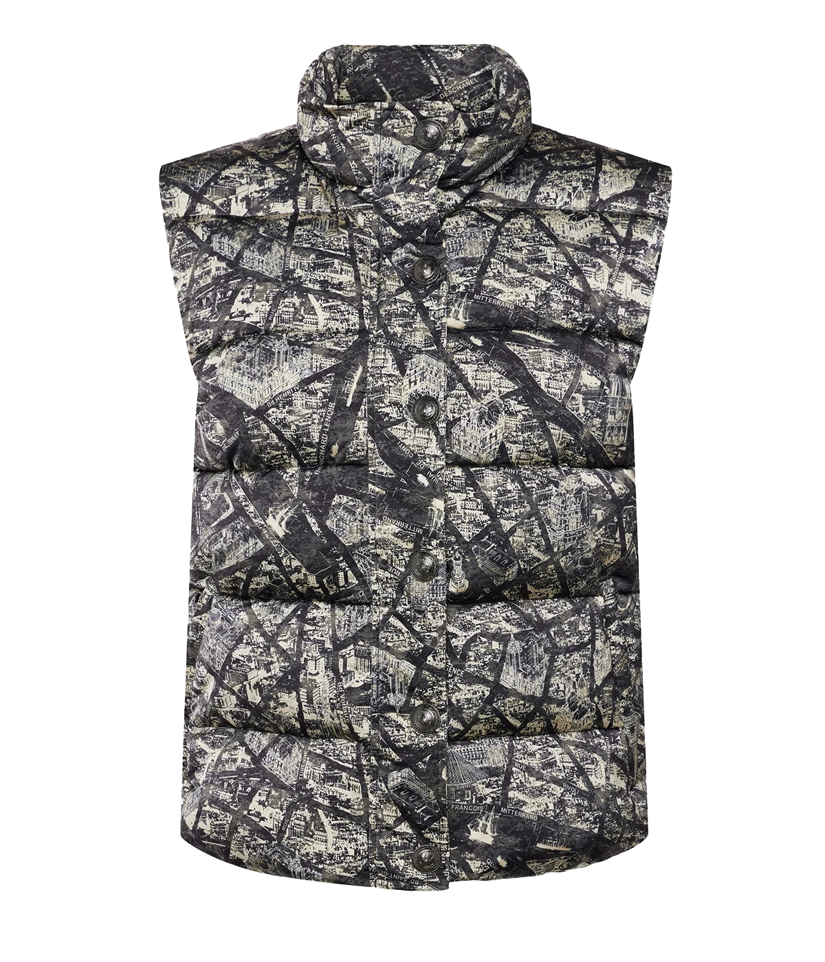 Rae Snap Puffer Vest in Black Ecru Map of Paris