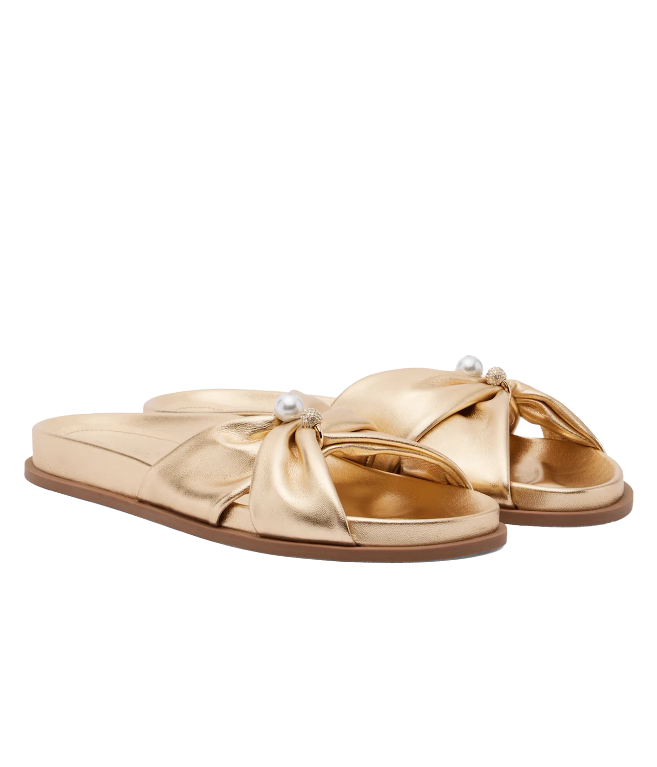 A pair of metallic gold slide sandals with wide crisscross straps, decorative pearl-like beads, and a flat brown sole, shown on a plain white background.