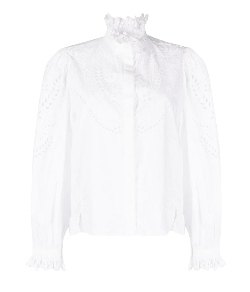 An elegant elevated basic long sleeve 100% cotton blouse, with intricate embroidery, lace details, a ruffled round neck and long sleeves. Bra friendly, made internationally, unique everyday blouse, work wear, timeless, organic cotton, long lunch. 