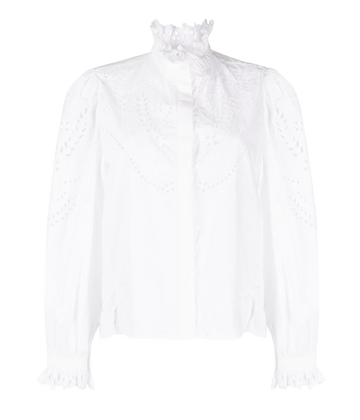 An elegant elevated basic long sleeve 100% cotton blouse, with intricate embroidery, lace details, a ruffled round neck and long sleeves. Bra friendly, made internationally, unique everyday blouse, work wear, timeless, organic cotton, long lunch. 