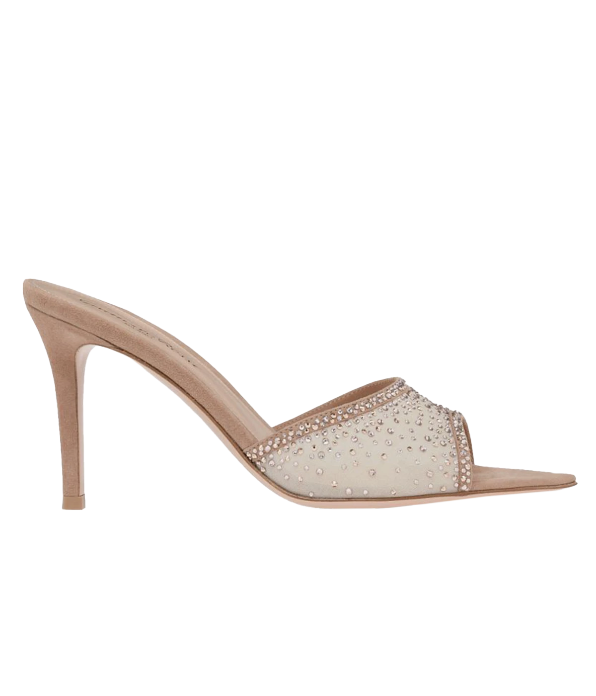 ALT text: Sheer silk organza and suede-trimmed pointed-toe mules with crystal embellishments and an 85mm stiletto heel.