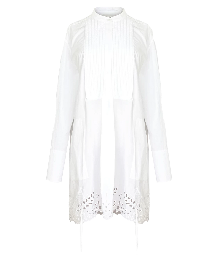 A unique tuxedo inspired white 100% cotton dress, featuring lightweight Poplin Cotton, intricate broderie-anglaise, long sleeves and waist tie details. 100% organic cotton, summer staple, euro summer, made internationally, bra friendly. 