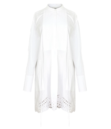 A unique tuxedo inspired white 100% cotton dress, featuring lightweight Poplin Cotton, intricate broderie-anglaise, long sleeves and waist tie details. 100% organic cotton, summer staple, euro summer, made internationally, bra friendly. 