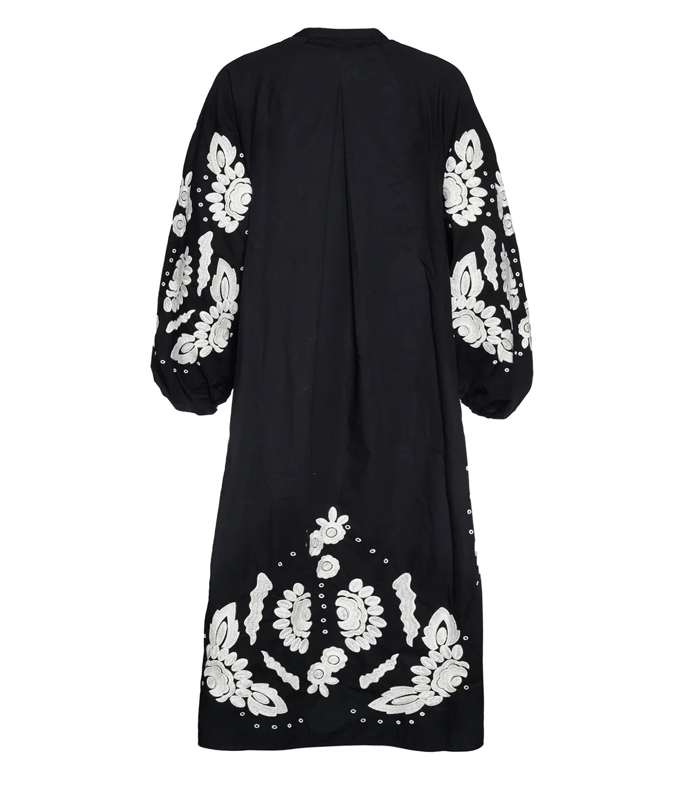 A black long-sleeved maxi dress shown from the back, featuring intricate white floral embroidery concentrated on the sleeves and lower back.