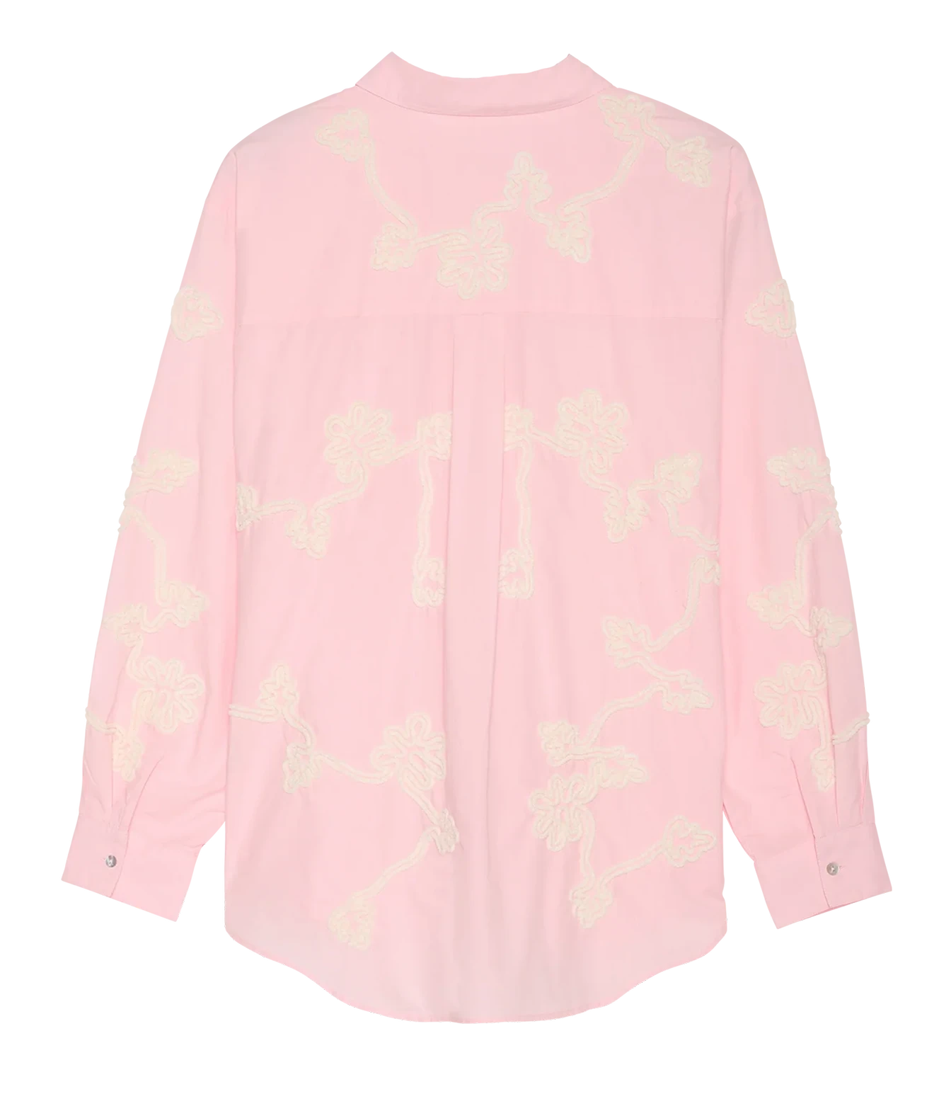 A light pink long-sleeve blouse with cream-colored floral embroidery, shown flat against a white background.