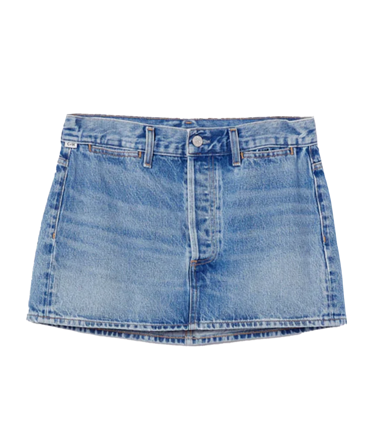 blue denim mini skirt by Citizens of humanity, easy wash and wear medium wash denim.