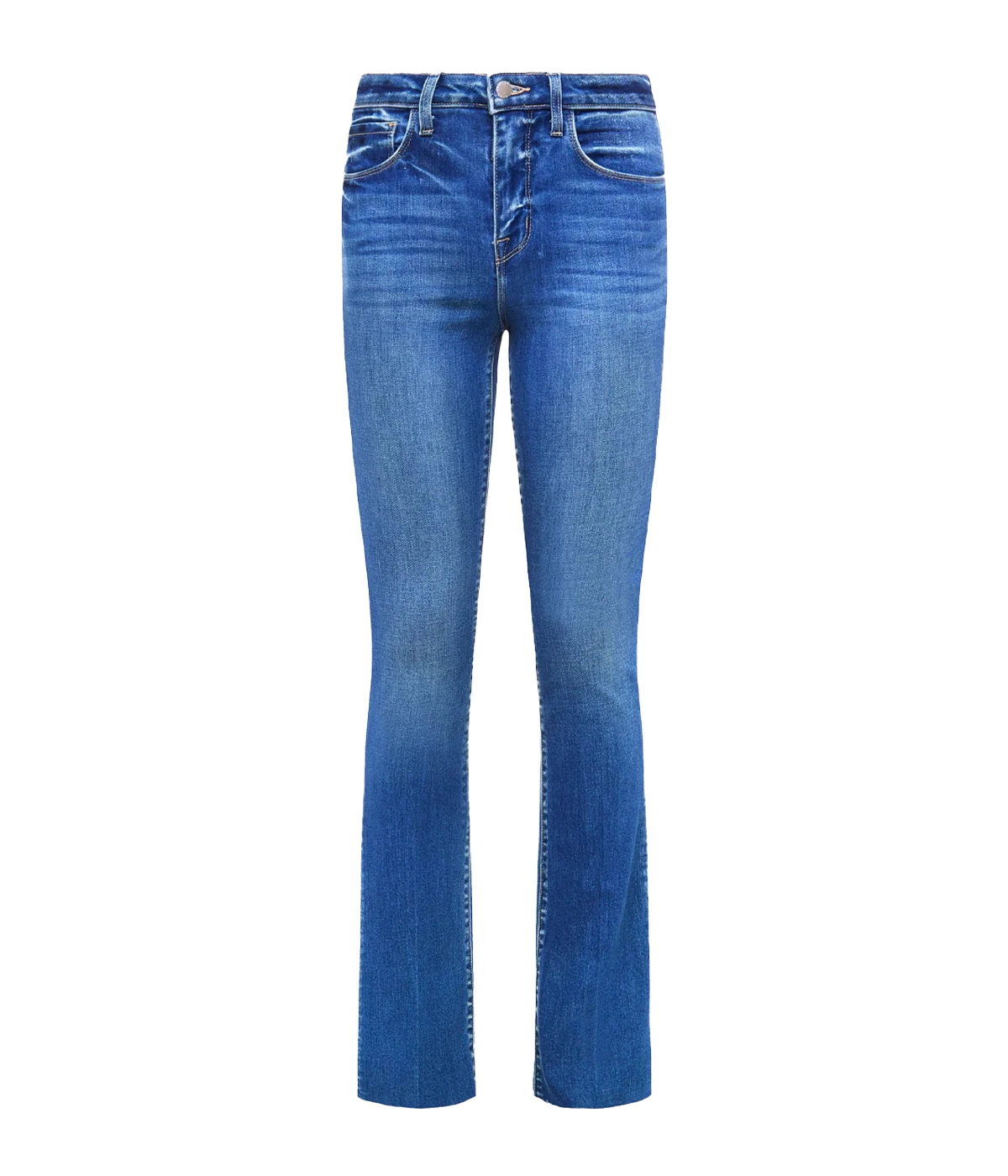 Image of a classic high rise medium blue denim jean, straight leg and raw hem detail, five-pocket construction and front zip fly closure. Made in USA, everyday jean, premium denim, comfortable, stretchy denim, everyday jean. 