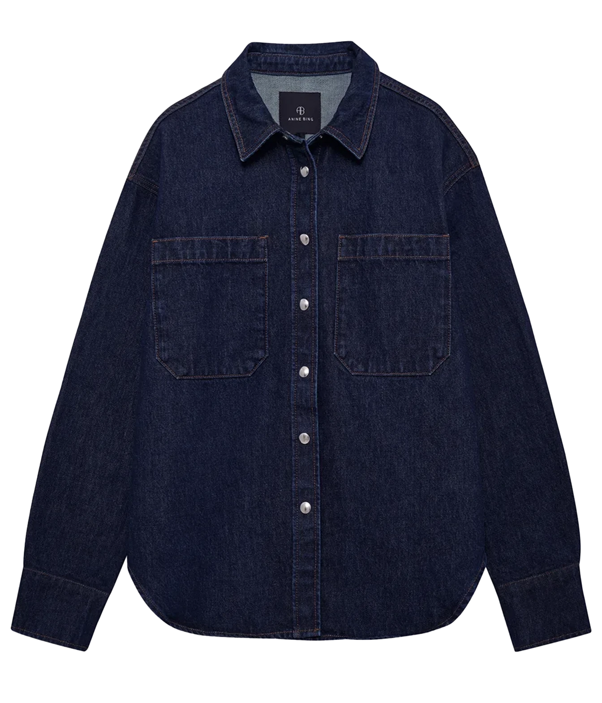 Anine Bing Samy Shirt in Unwashed Blue, front view in dark indigo denim with button front and oversized patch pockets.