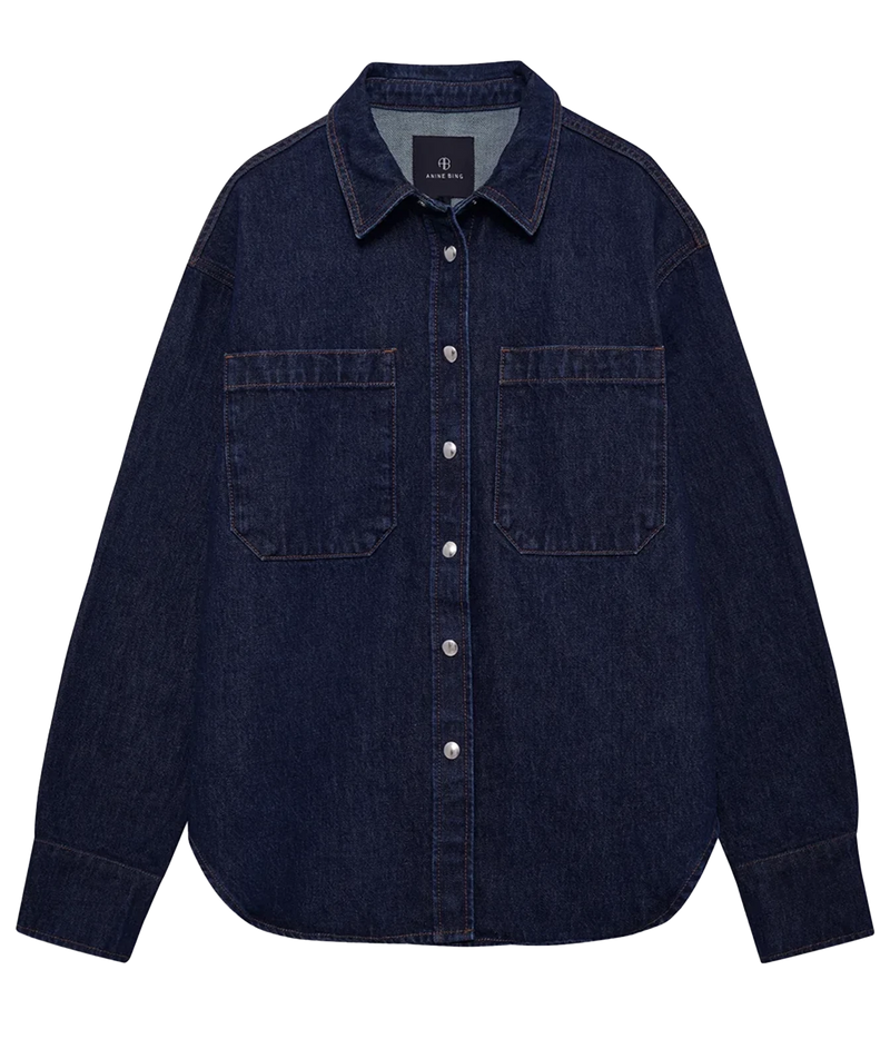 Anine Bing Samy Shirt in Unwashed Blue, front view in dark indigo denim with button front and oversized patch pockets.