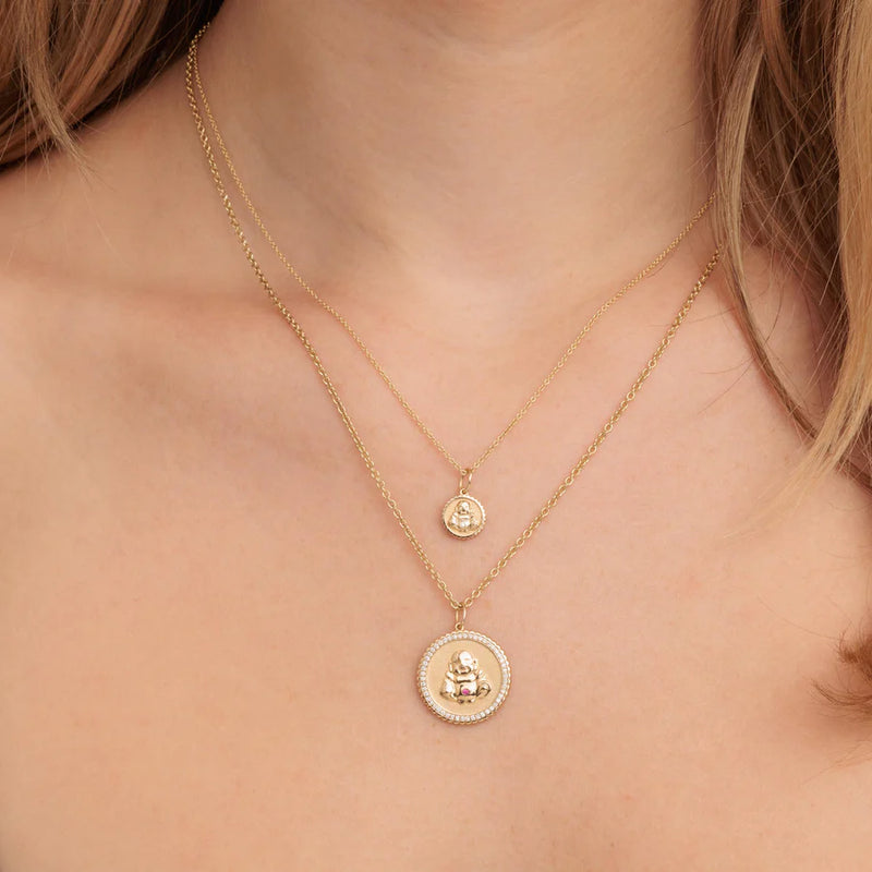 Sitting Buddha Coin Necklace In 14K Yellow Gold