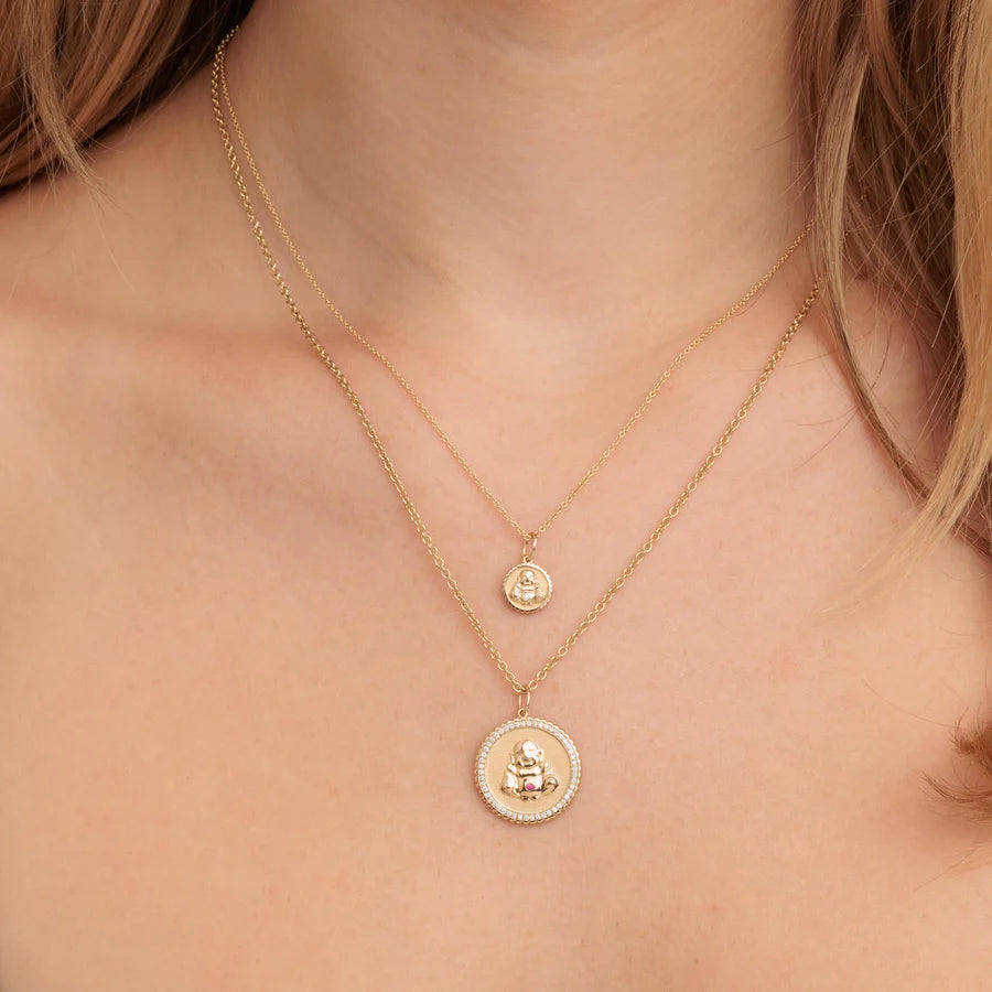 Sitting Buddha Coin Necklace In 14K Yellow Gold