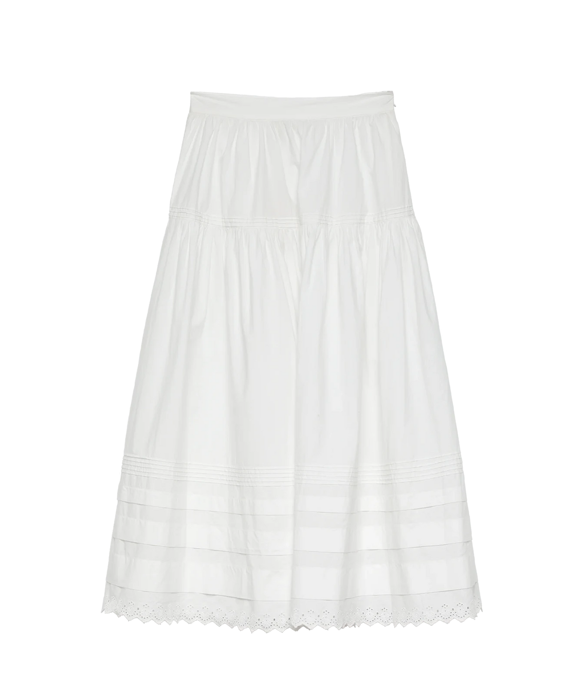 DÔEN Sebastiane Skirt in Powder, flat lay view highlightin scalloped eyelet hem.