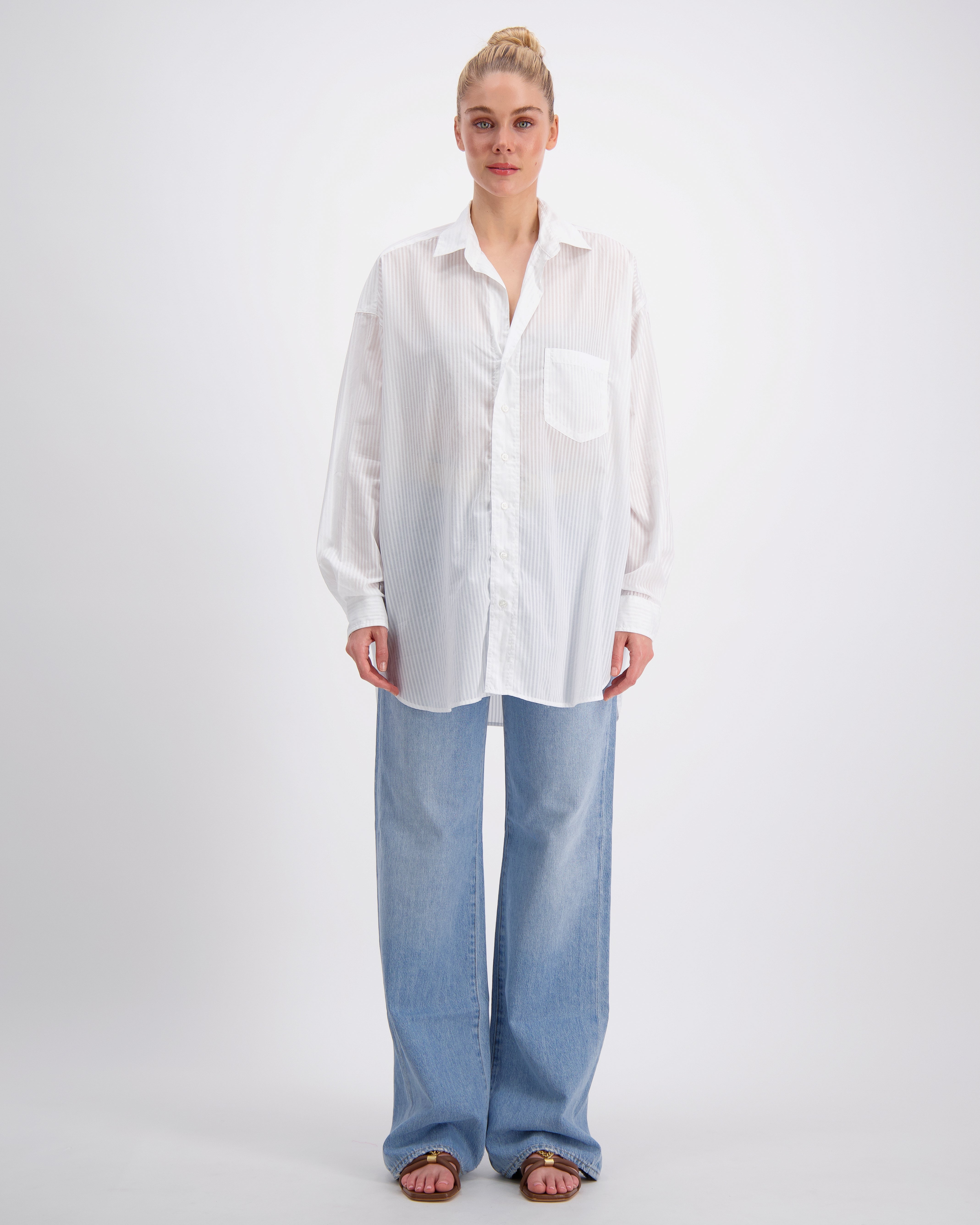 Shirley Woven Button Up in White on White Stripe