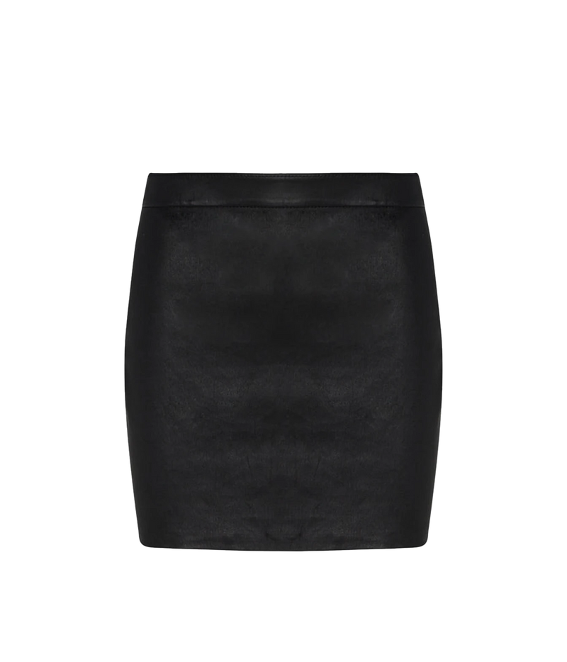 A black leather mini skirt with a structured, fitted silhouette and a wide waistband, shown against a plain white background.