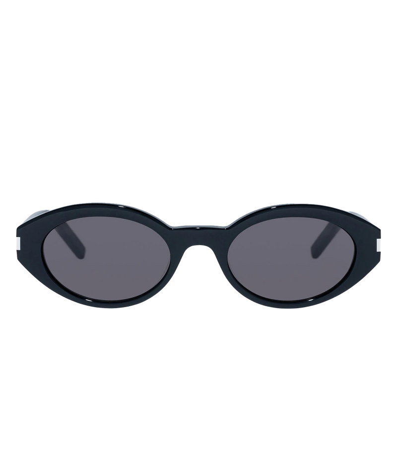 Front view of Saint Laurent SL 567 Oval Sunglasses in Black with grey lenses