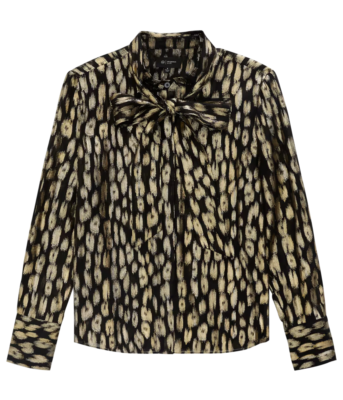 AG Lora Tie Neck Shirt in Leopard Lounge laid flat, showing the black and gold leopard print, tie neck finished in a bow, button front and long sleeves with buttoned cuffs