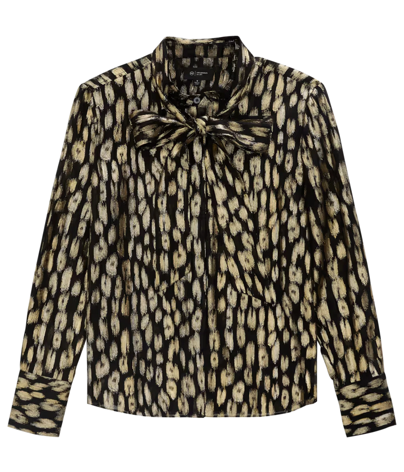 AG Lora Tie Neck Shirt in Leopard Lounge laid flat, showing the black and gold leopard print, tie neck finished in a bow, button front and long sleeves with buttoned cuffs