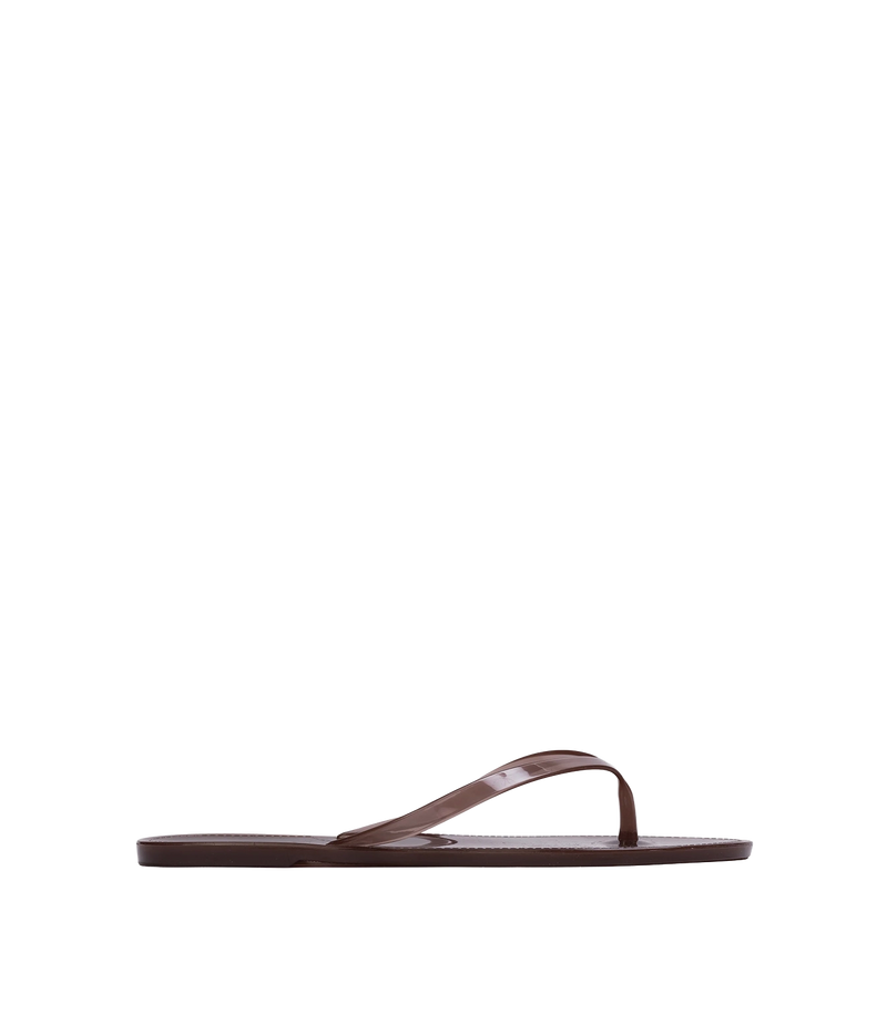 A single dark brown leather thong sandal shown in a side profile view - Crystal Sandal in Chestnut