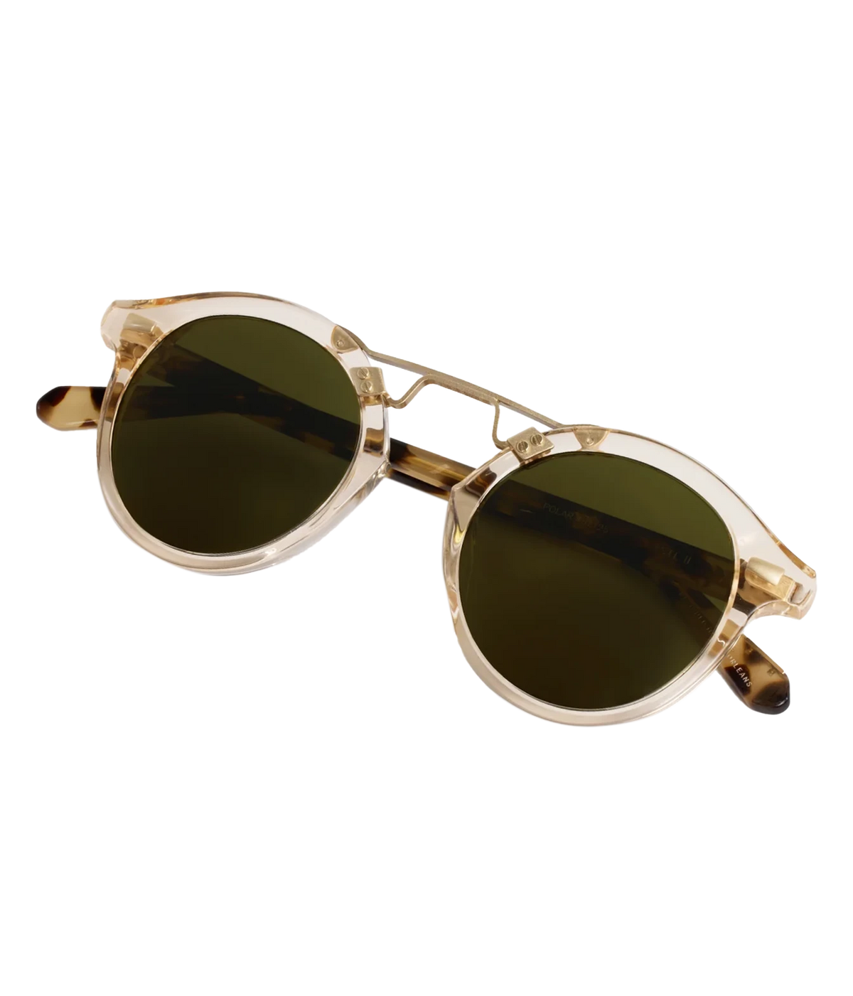 Angled view of the KREWE STL II Sunglasses in 12K Haze Iberia, showing the gold brow bar, round green lenses and tortoise temples