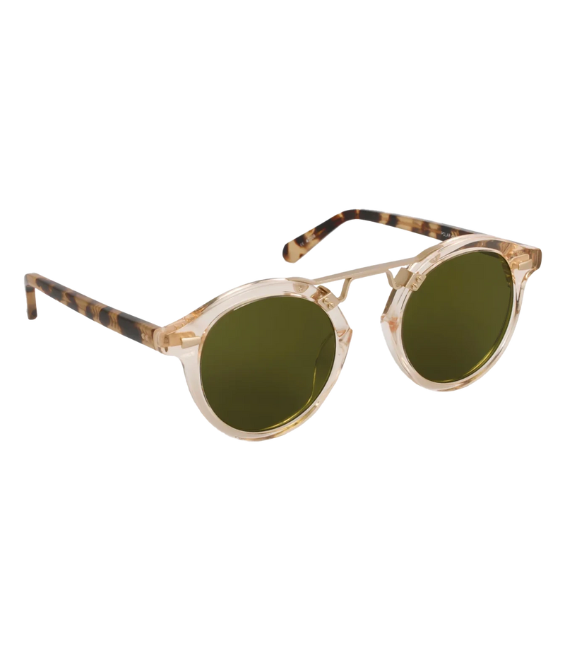 Side view of the KREWE STL II Sunglasses in 12K Haze Iberia, showing the tortoise temple arm and gold hinge detail