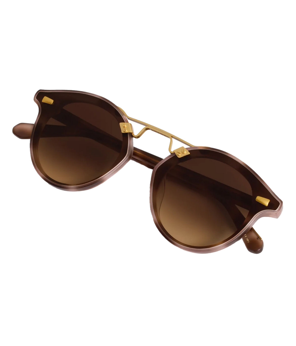 Angled view of the KREWE STL Nylon Sunglasses in 18K Matte Blush Tortoise, showing the gold hardware at the hinges and the edge-to-edge lenses