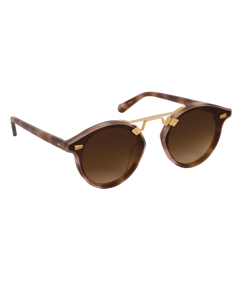 Three-quarter view of the KREWE STL Nylon Sunglasses in 18K Matte Blush Tortoise, showing the gold brow bar and tortoise acetate temples