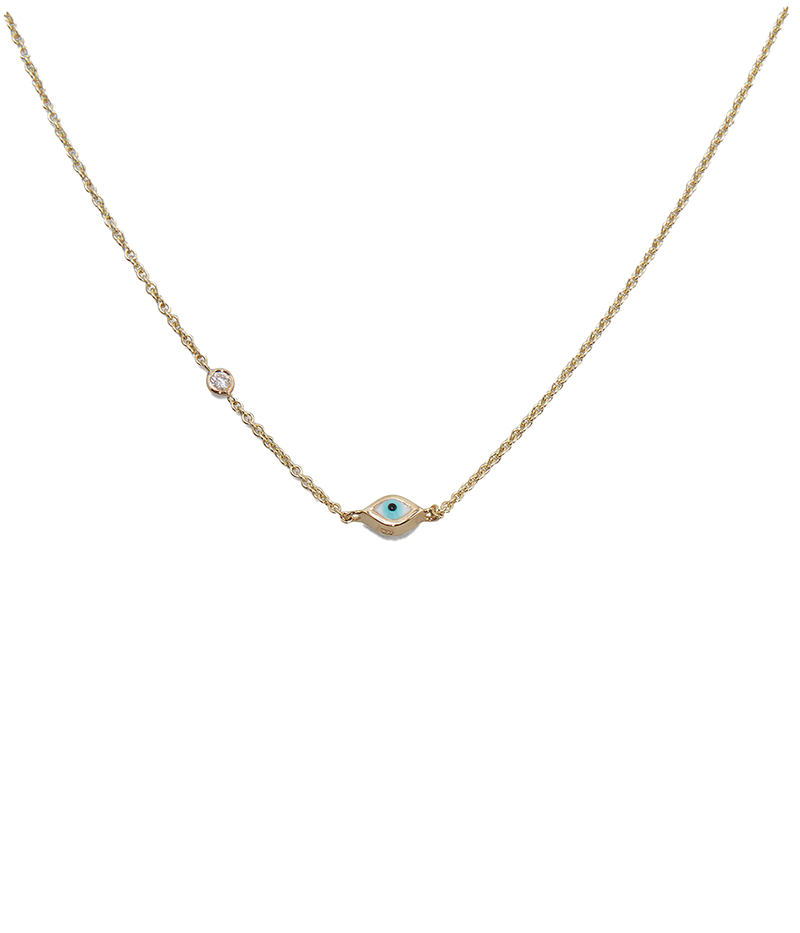 ALT Text: Single Enamel Evil Eye Necklace in 14K yellow gold, featuring a vibrant enamel evil eye charm for a bold, protective statement.