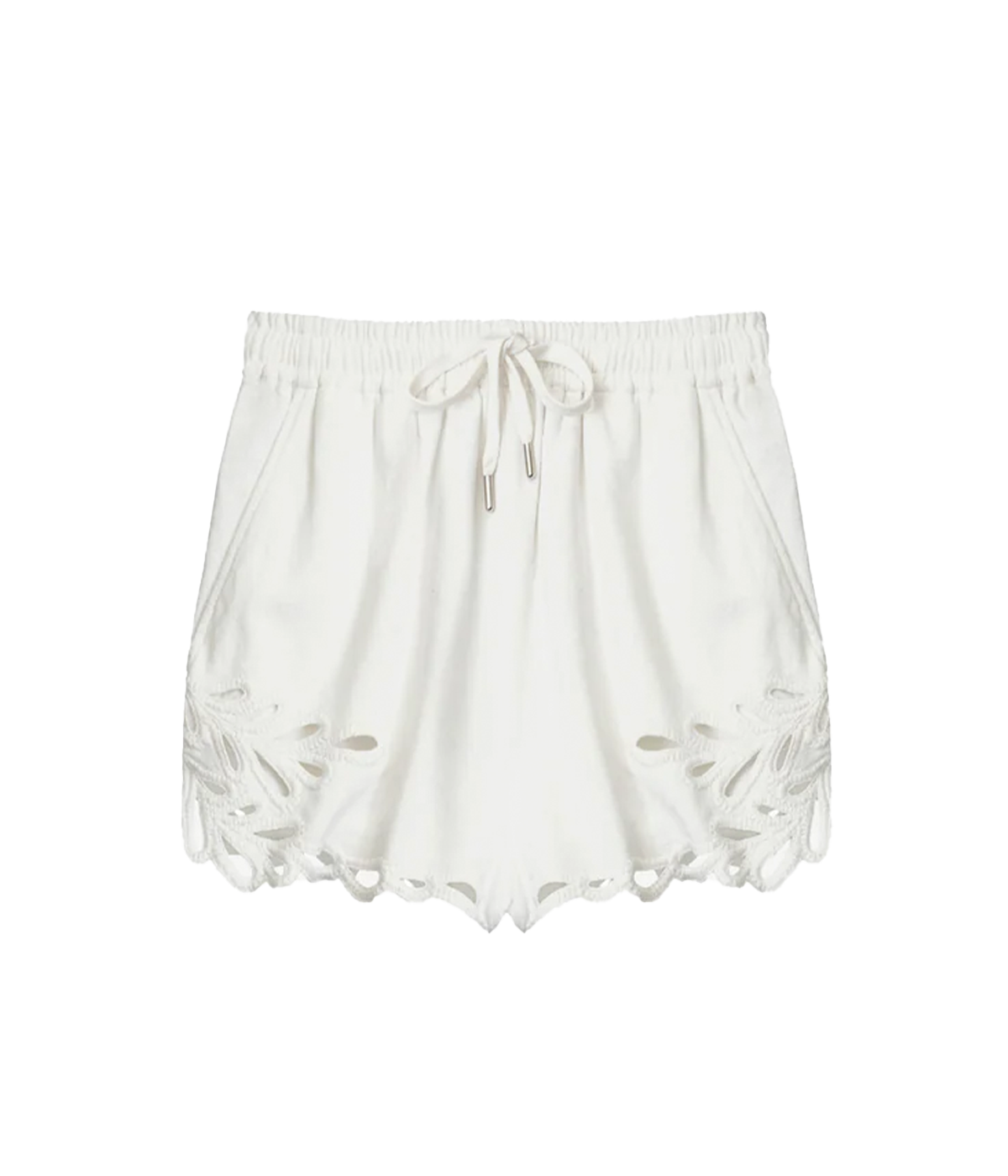ALT Text: Relaxed fit cotton shorts with openwork embroidery, elastic waist with drawstring, and side pockets for practicality.