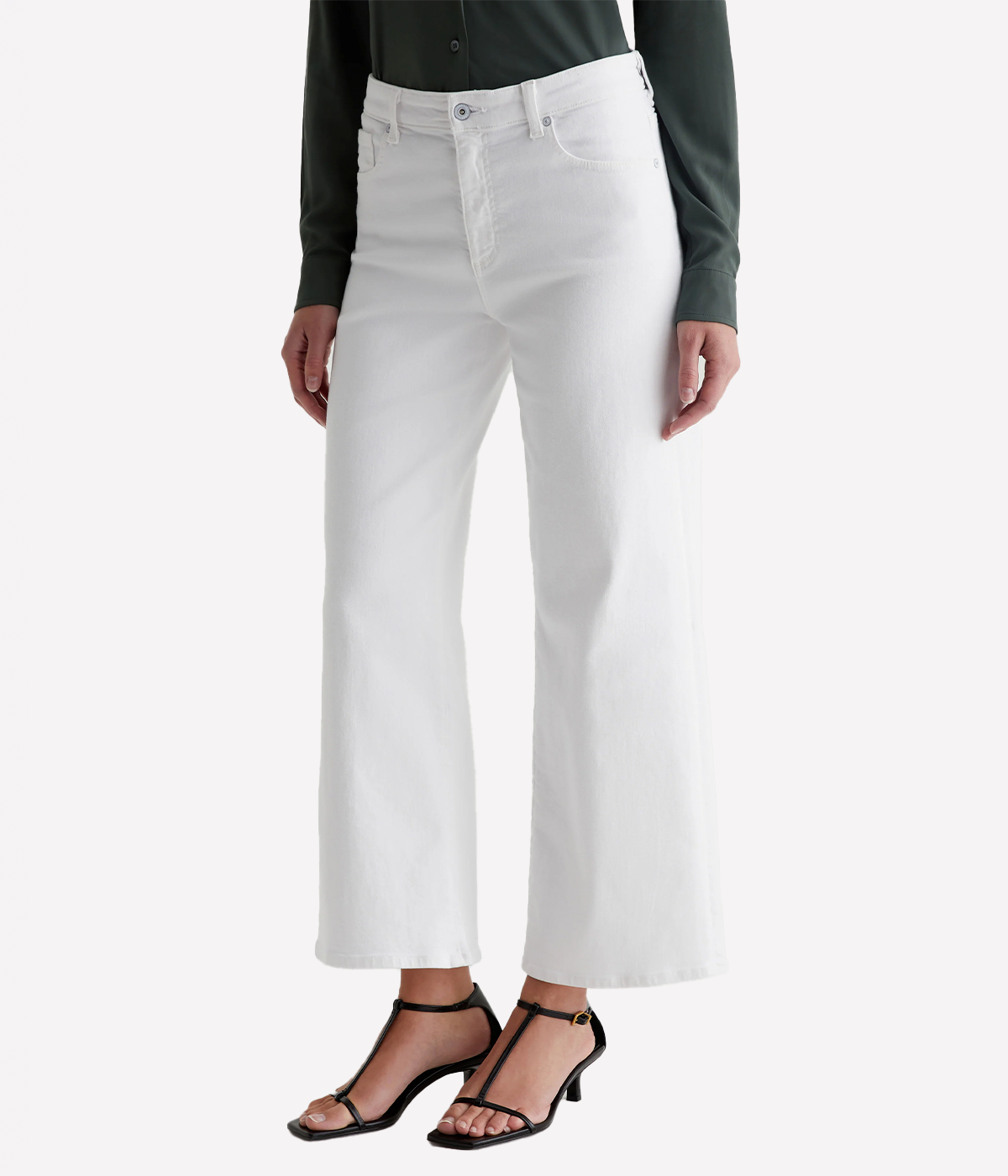 ALT text: White cropped wide-leg jeans with mid-rise waist and soft stretch denim.