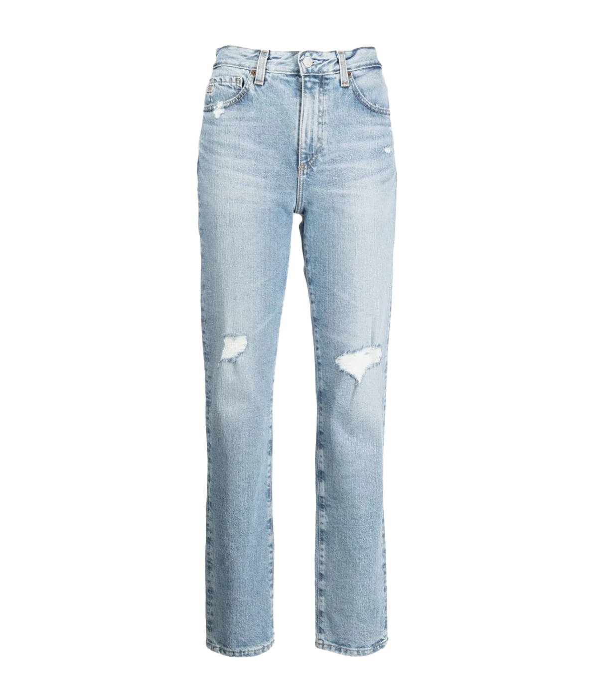 An elevated straight leg jean, in a light wash stretchy denim with chic rips on the knees. Featuring a button and zip closure, 5 pockets and vintage inspired wash, made in USA, comfortable denim, luxury denim, trendy denim, everyday denim.