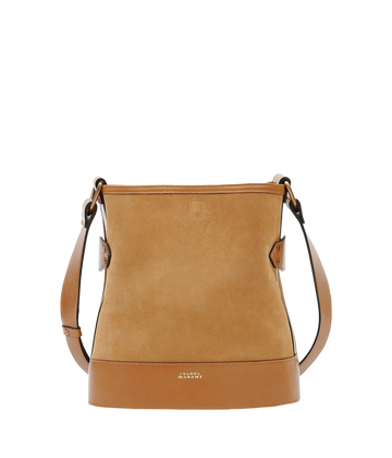 A camel suede leather bucket bag by Isabel Marant, perfect for travelling. Wear cross body or over your shoulder. 