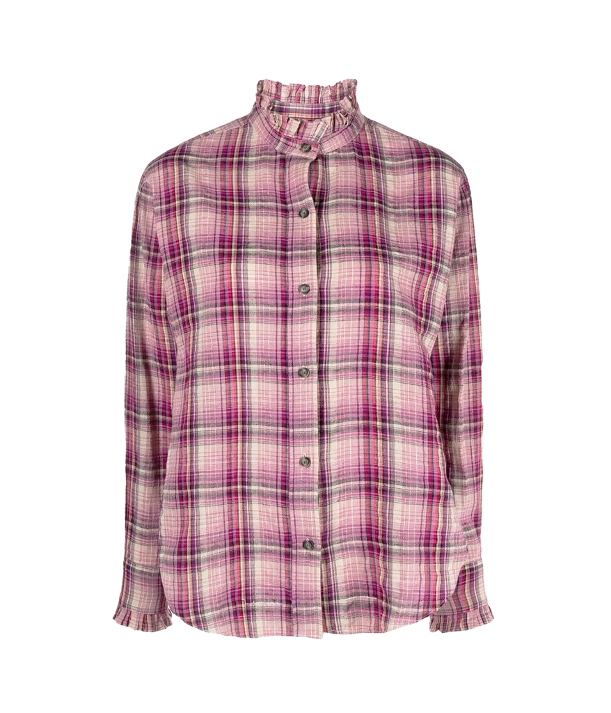 A stylish elevated everyday blouse, in a pink and blue checkered print featuring a ruffle neckline, front button tab, long sleeves and oversized fit. Elevated basic, comfortable fit, breathable material, natural cotton & linen blend, made internationally, fashionable trendy style. 