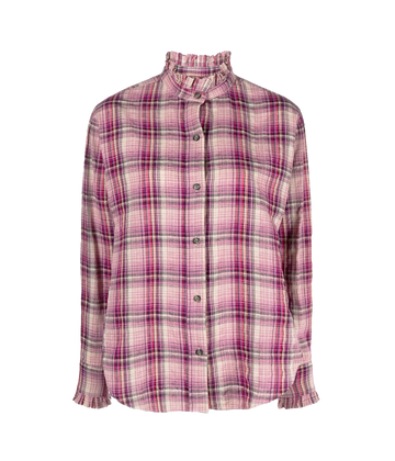 A stylish elevated everyday blouse, in a pink and blue checkered print featuring a ruffle neckline, front button tab, long sleeves and oversized fit. Elevated basic, comfortable fit, breathable material, natural cotton & linen blend, made internationally, fashionable trendy style. 