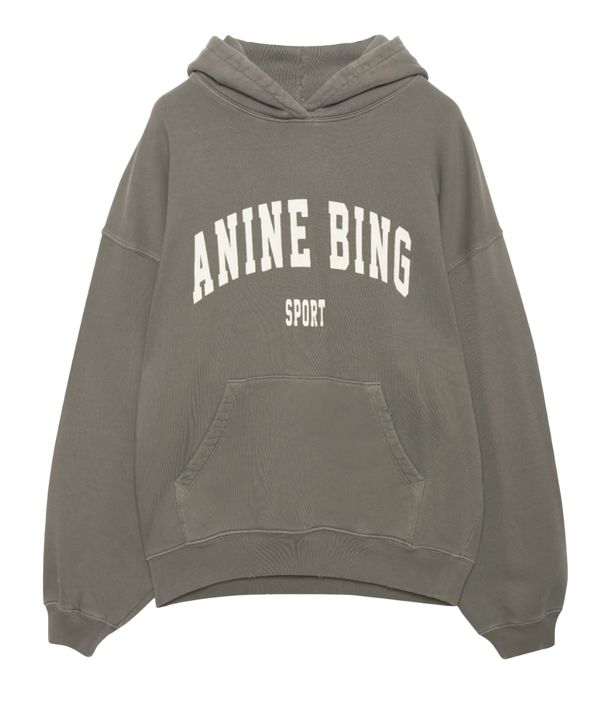 ALT text: Harvey Sweatshirt in dusty olive, oversized cotton-fleece hoodie with a drawstring hood and kangaroo pocket.
