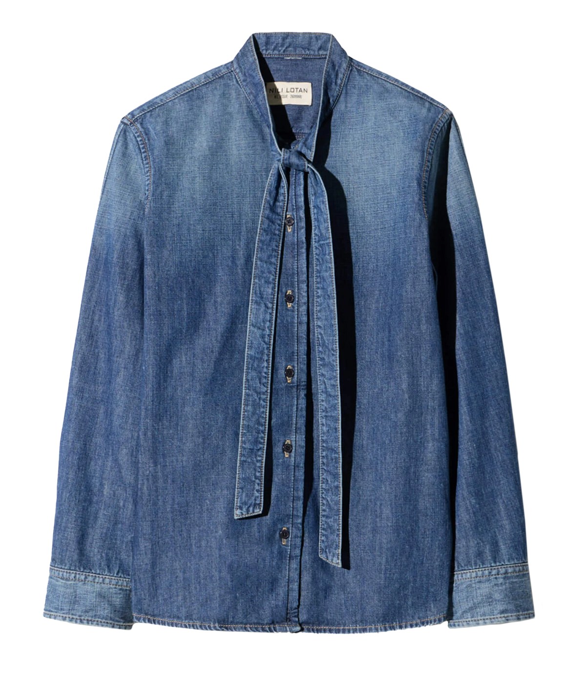 A blue denim long-sleeve shirt with a tie-neck detail and button front, displayed flat against a white background.