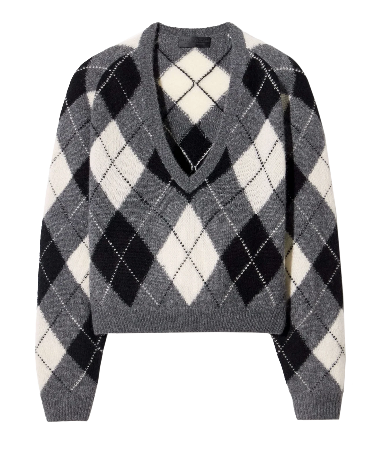 A cropped V-neck sweater with a classic argyle pattern in gray, black, and off-white, featuring long sleeves and ribbed cuffs and hem.