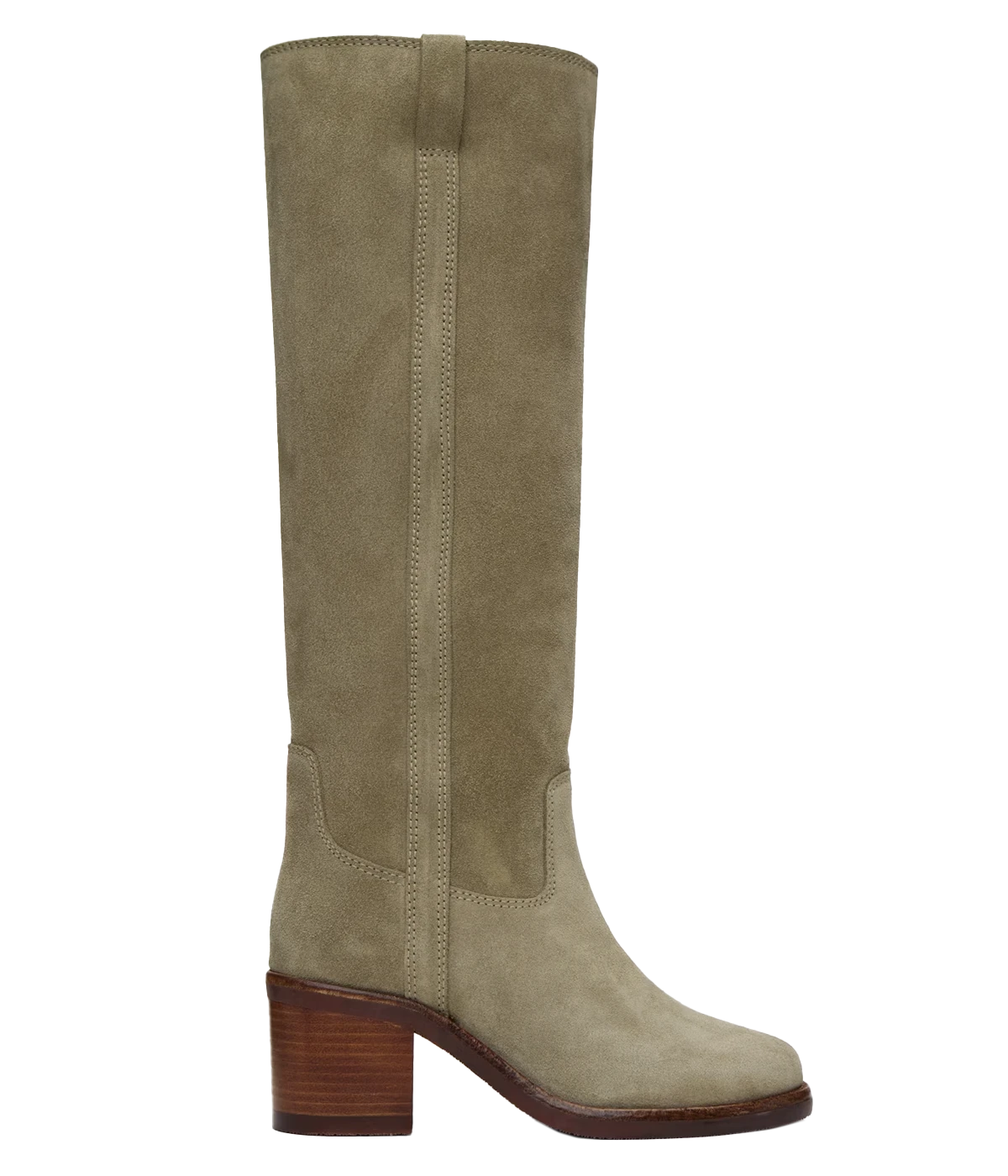 Knee length beige suede round-toe boots by Isabel Marant. A mid-block 80mm heel completes the slip-on design of these calf suede leather shoes. Easy and comfortable to wear year round. 