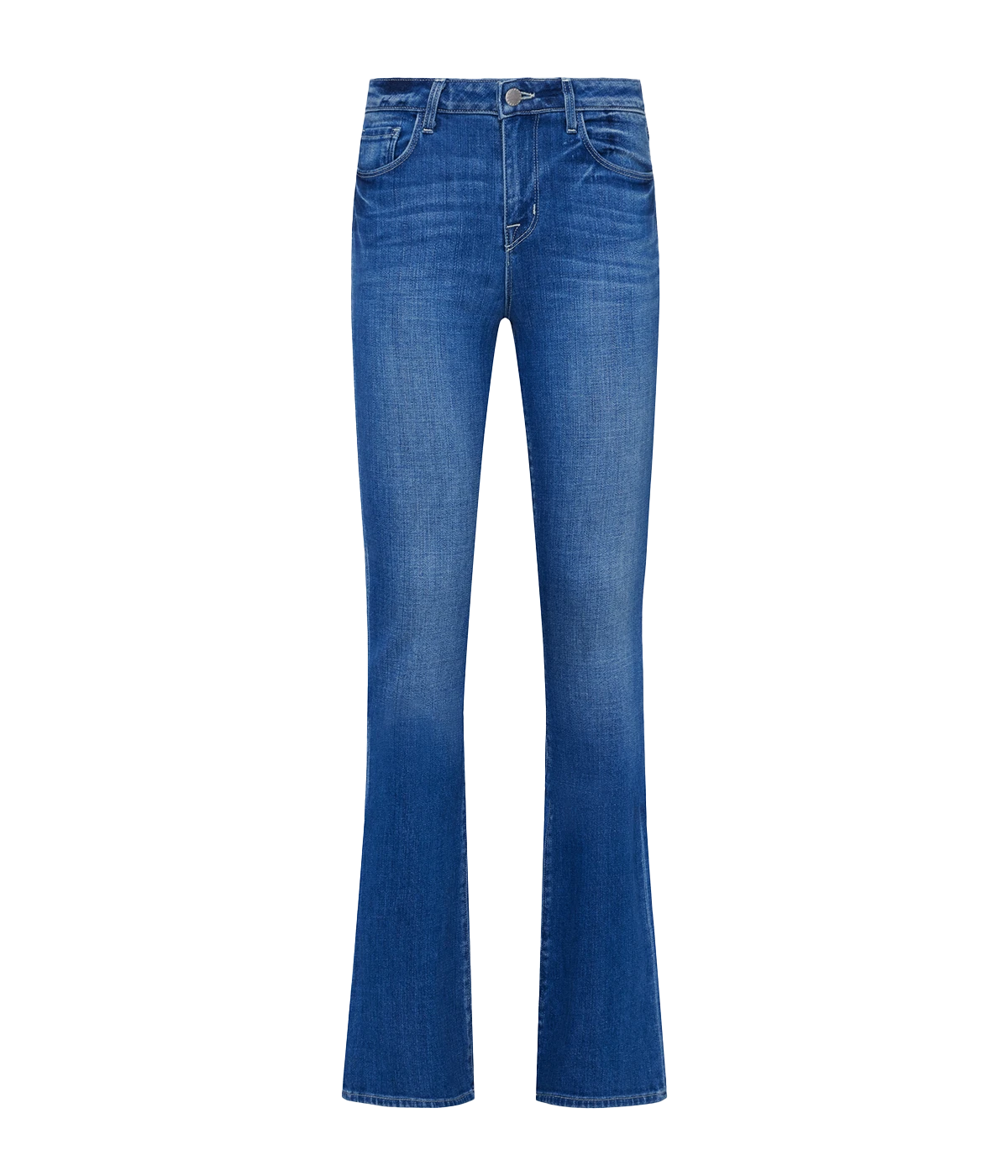 Image of a classic high rise mid tone denim wash jean, with micro flare, five-pocket and front zip fly closure. Fashion forward, trendy, everyday denim, bootcut hem, made in USA.