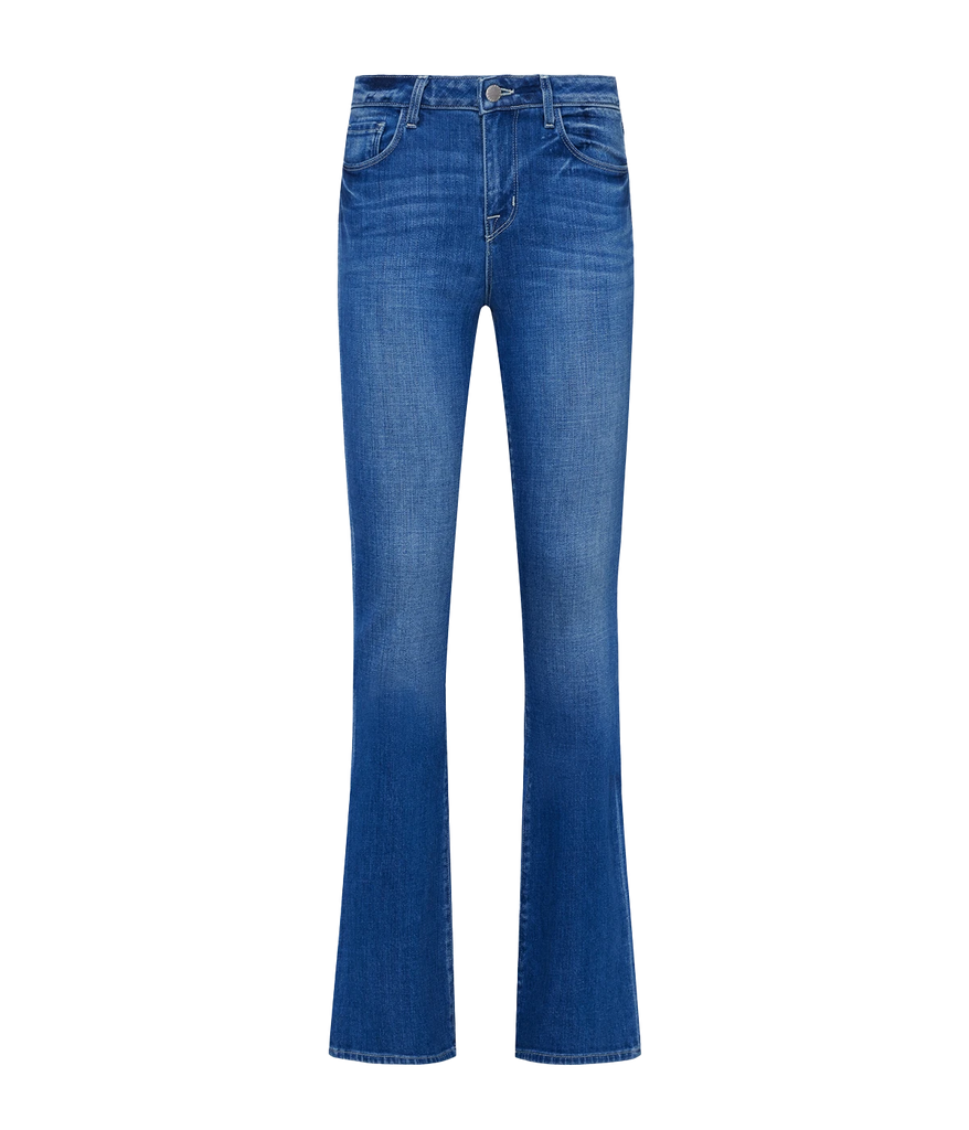 Image of a classic high rise mid tone denim wash jean, with micro flare, five-pocket and front zip fly closure. Fashion forward, trendy, everyday denim, bootcut hem, made in USA.