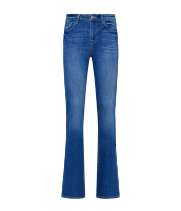 Image of a classic high rise mid tone denim wash jean, with micro flare, five-pocket and front zip fly closure. Fashion forward, trendy, everyday denim, bootcut hem, made in USA.