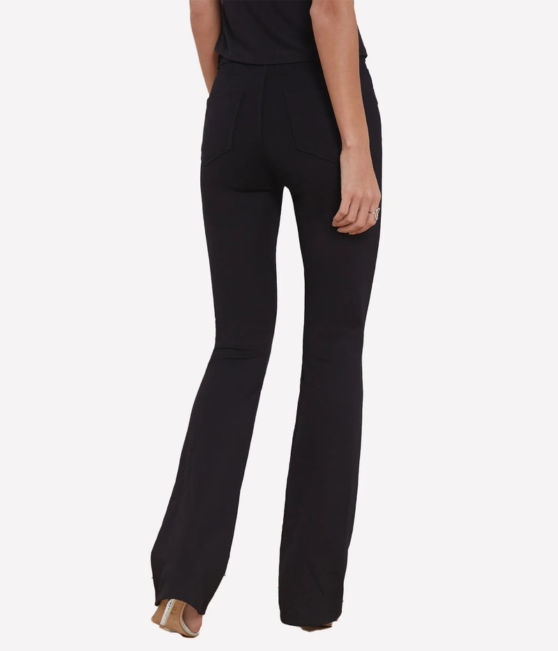 High-rise black bootcut pants with a sleek fit and tailored details, perfect for versatile styling.