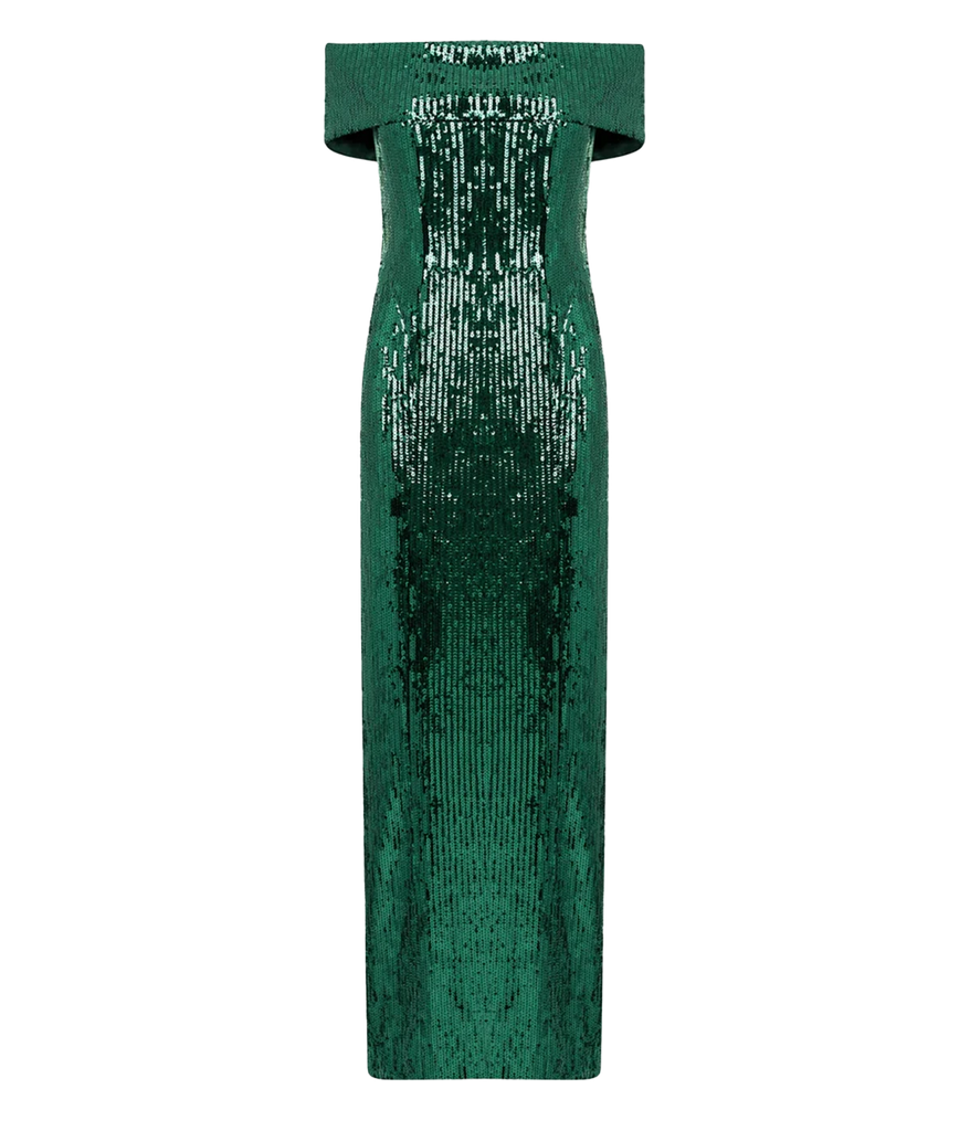 An elegant and special occasion wear maxi dress, with off the shoulder, fully sequin detailing. Maxi length, comfortbale, fully lined, green sequin, party, Christmas dress, elegant, made internationally.