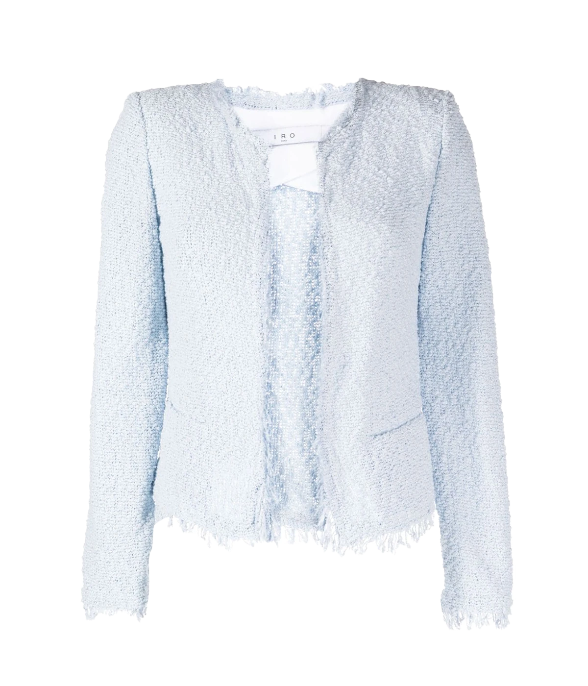 Supple cotton-blend boucle yarn tweed garment in light blue. Featuring structured shoulders and a classic cut, the fringed edge adds a cool edge to a timeless, long-sleeve, crew neck jacket. 