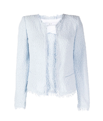 Supple cotton-blend boucle yarn tweed garment in light blue. Featuring structured shoulders and a classic cut, the fringed edge adds a cool edge to a timeless, long-sleeve, crew neck jacket. 