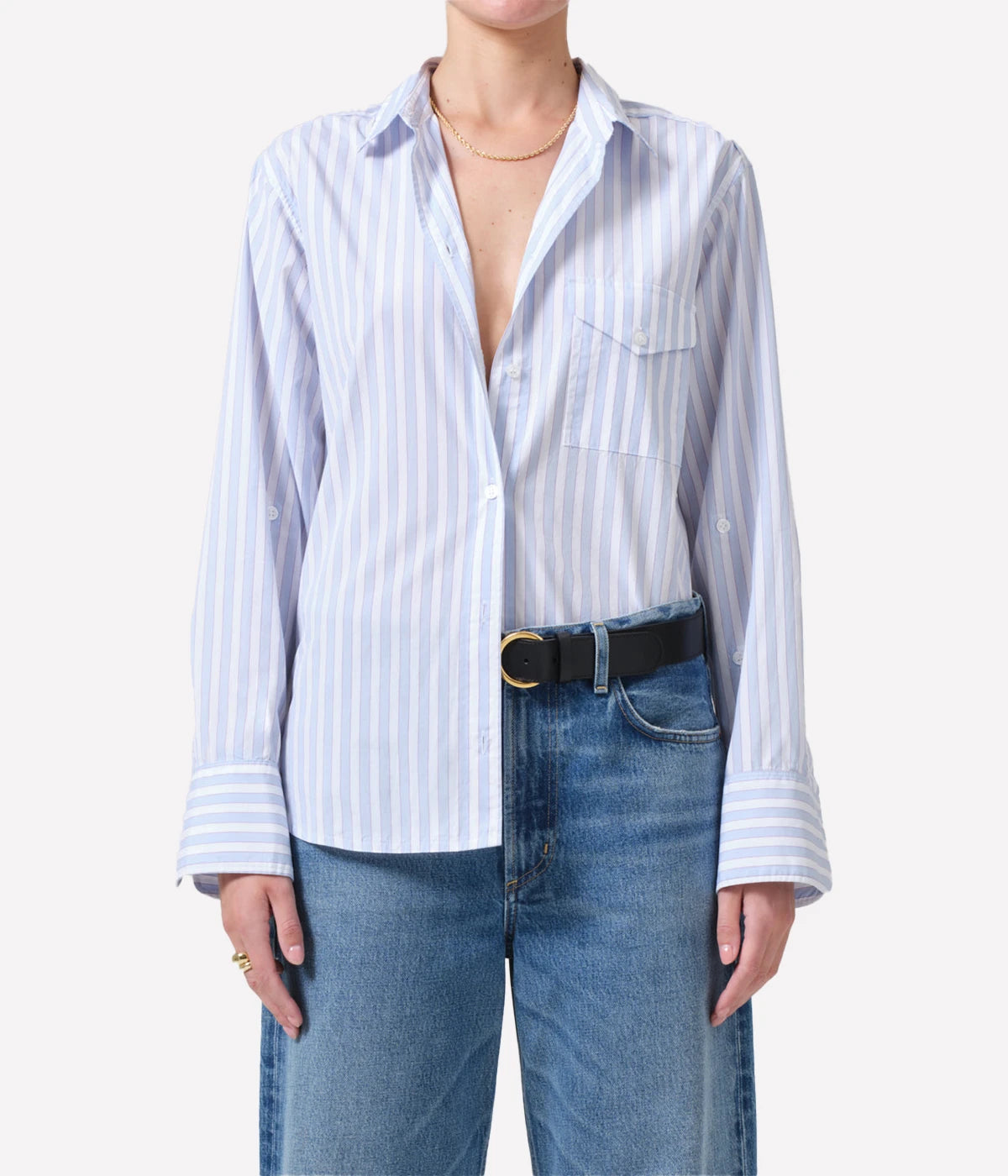 ALT Text: Shay Shirt in French Stripe, featuring classic vertical stripes in navy and white, offering a relaxed, stylish fit.
