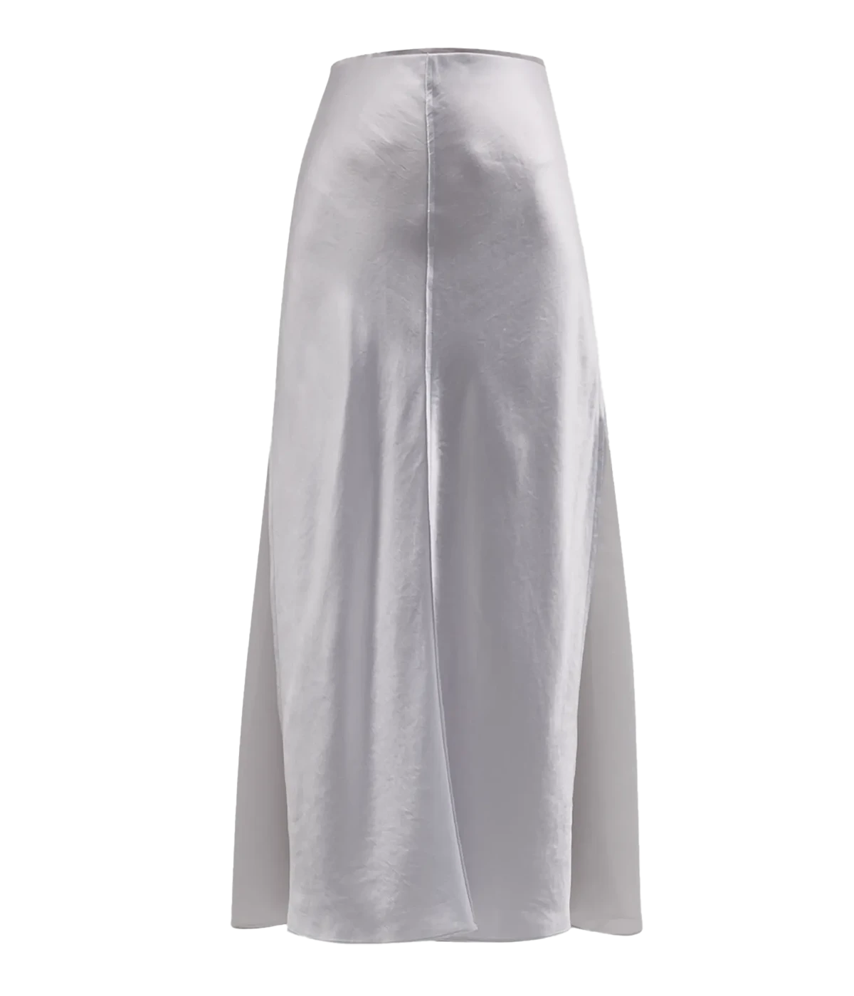 A midi length slip skirt in a silver satin fabric. Sits on the waist with a center front seam. Sheer chiffon panels for added movement. Wear all year, perfect for work and parties.