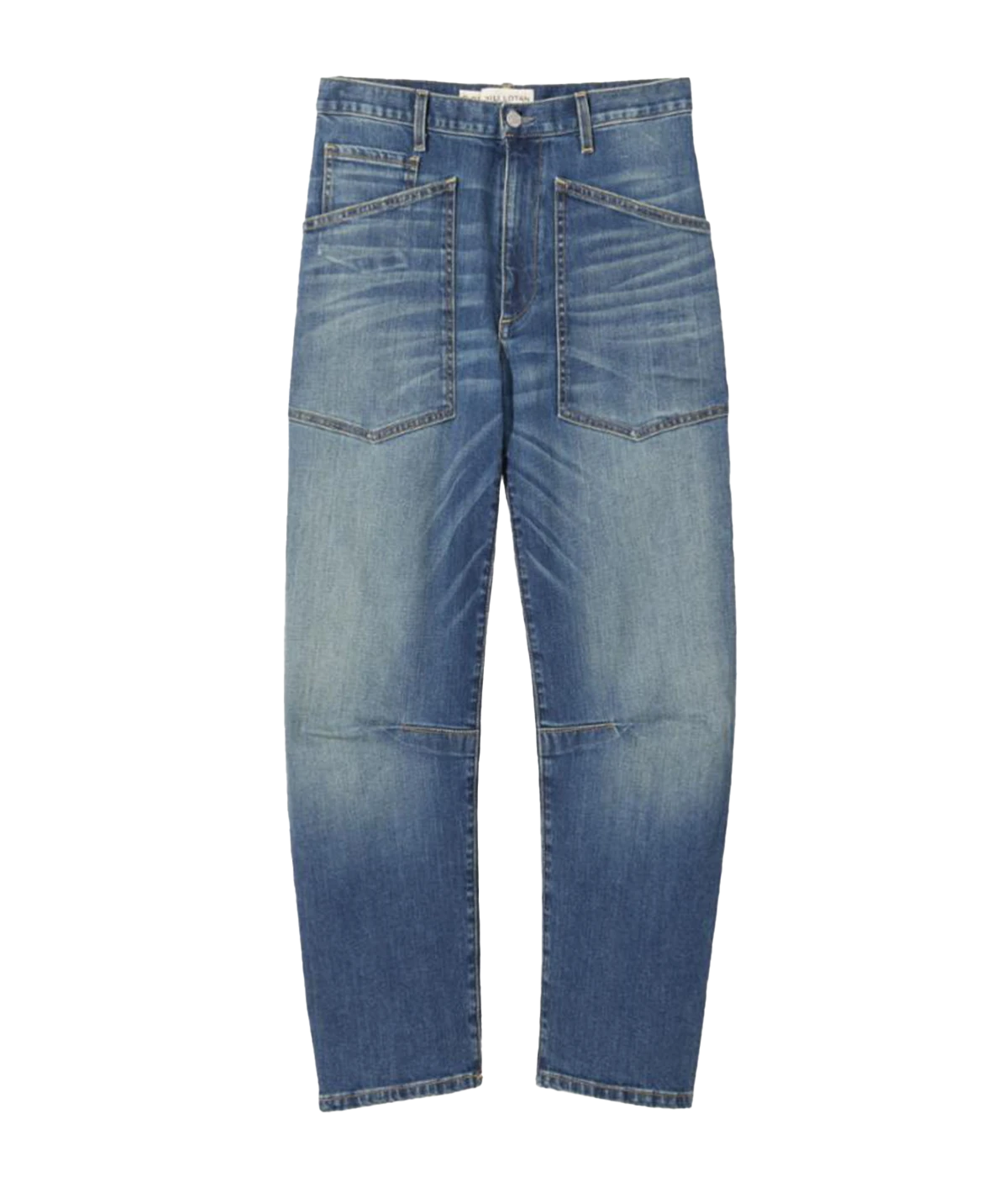 ALT text: Woman wearing high-rise curved-leg stretch denim jeans with knee seam detail and top-stitched pockets