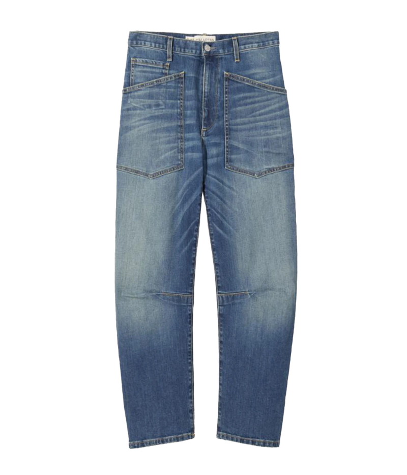 Nili Lotan Shon Jean women's barrel-leg denim jeans laid flat, showcasing the mid-rise waist, curved-leg silhouette, and relaxed fit.