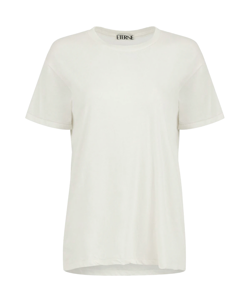 An everyday classic basic t-shirt made from a cotton and modal blend, featuring a high neckline, boyfiriend style fit, faw hem, bra friendly, comfortable, chic, casual wardrobe, made in the USA