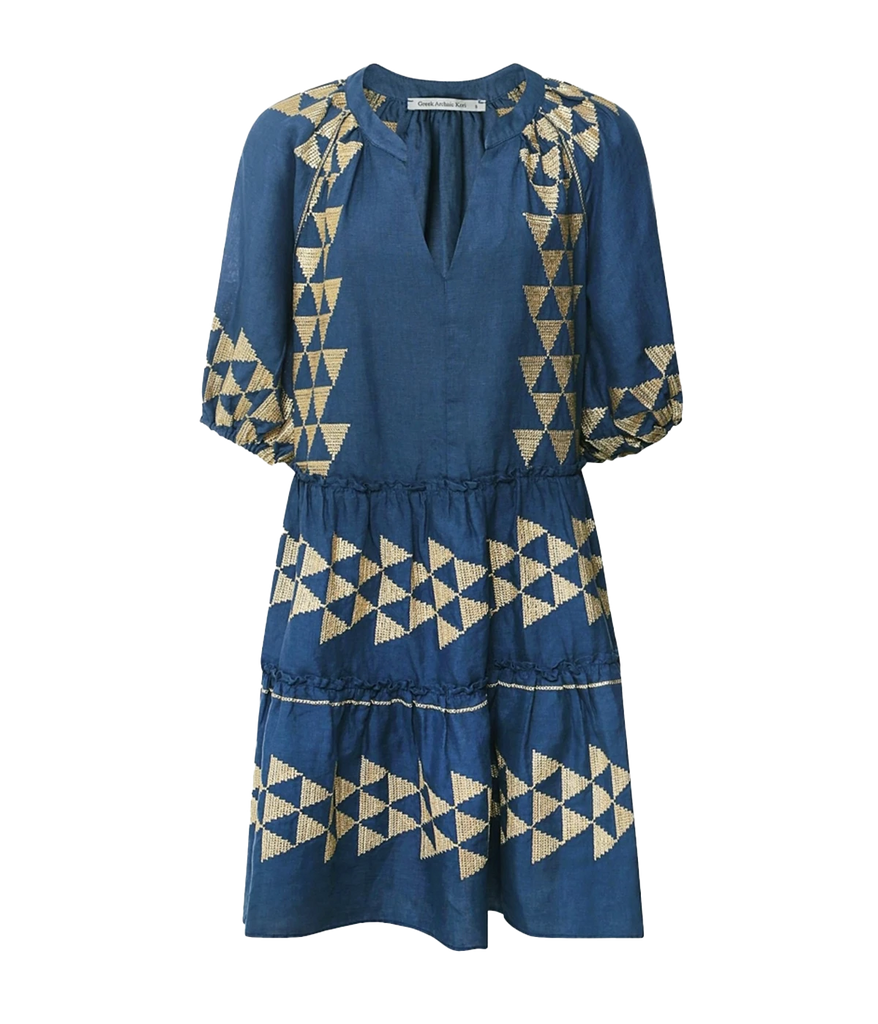 A mini cotton dress in a bright blue colourway, with gold embroidery, v neckline, short puff sleeve, ruffle hem and waistline. Bra friendly, comfrotable, made in Greece, throw on and go, summer dress. 